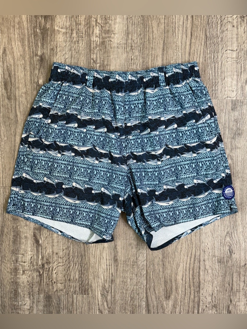 AFTCO Men’s Blue Fish Pattern Swim Trunks Shorts Quick Dry Elastic Waist Size M